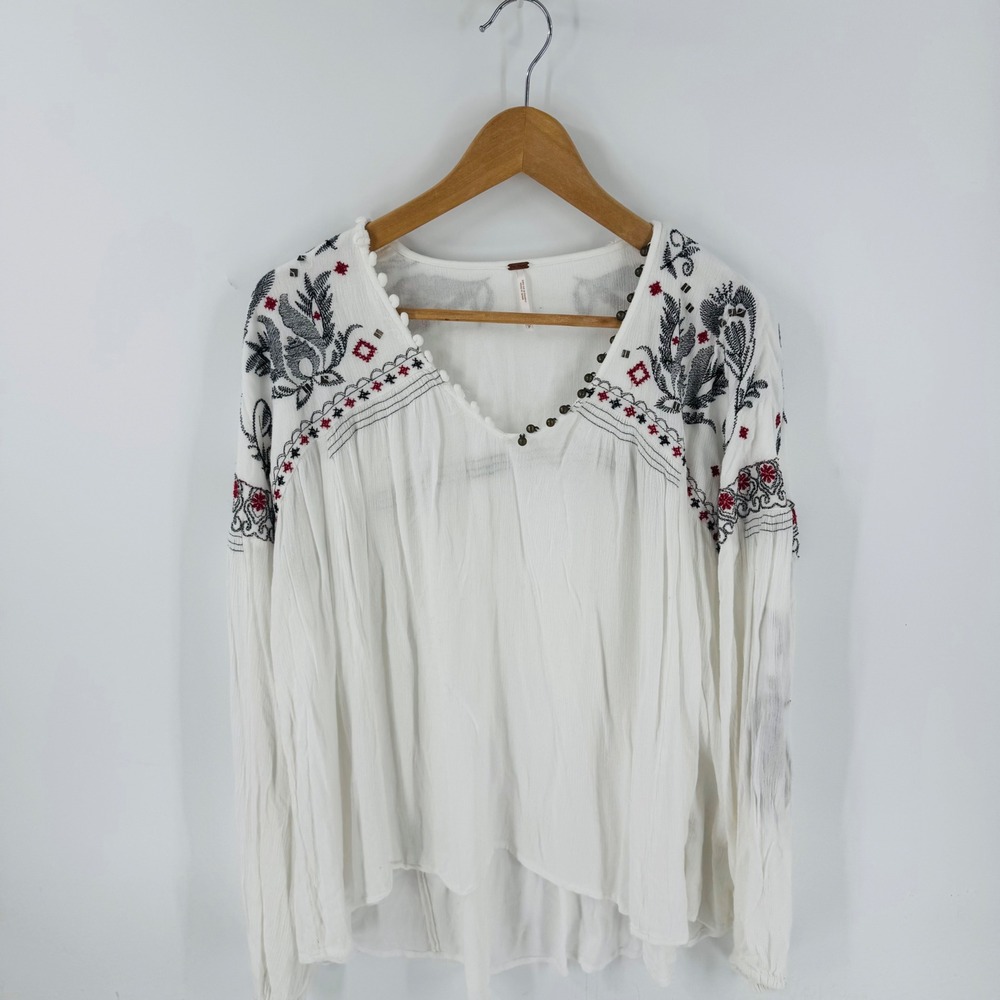 Free People White Embroidered Peasant Blouse with Black and Red Accents